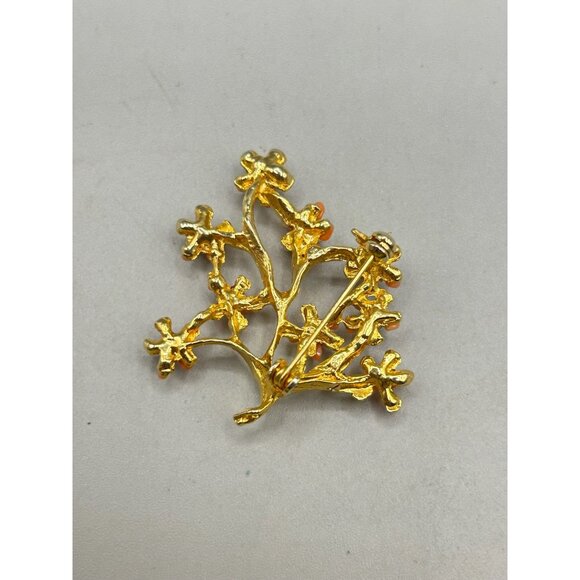 Vintage Gold Tone Floral Brooch with Coral & Citrine Gemstone Chips Twig Branch - Picture 6 of 7